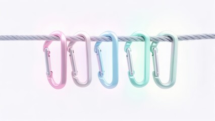Five Luminous Pastel Carabiners Aligned on a Twisted Steel Cable