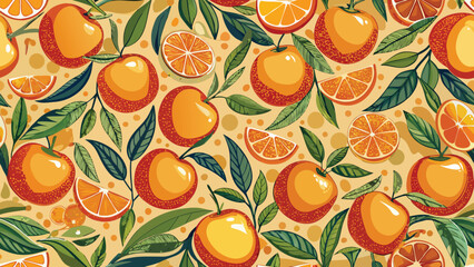 Seamless pattern of oranges and green leaves on a yellow background citrus fruit