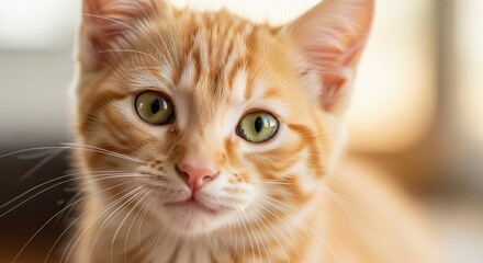 Close-up portrait of an adorable ginger tabby kitten with bright green eyes looking curiously at the camera, showcasing its soft fur and whiskers.