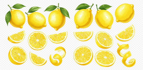 A collection of realistic illustrated lemons, including whole fruits with leaves, slices, halves, and peels on a transparent background.