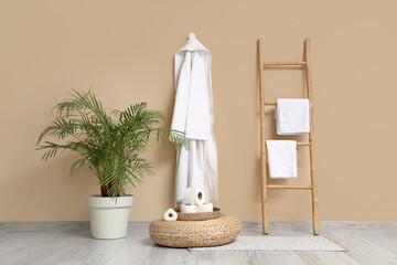 Interior of stylish restroom with houseplant and rolls of toilet paper on wicker pouf