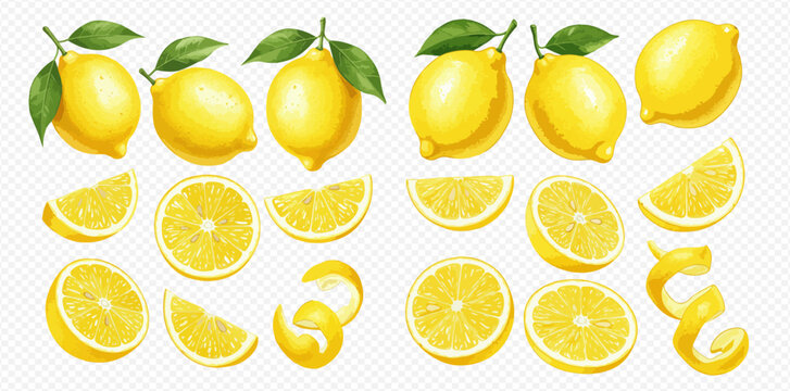 A collection of realistic illustrated lemons, including whole fruits with leaves, slices, halves, and peels on a transparent background.