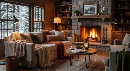 Cozy cabin living room with roaring fireplace, comfortable sofa, and warm lighting creates a hygge atmosphere.