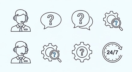 Customer Service Icons Depicting Support, Help, and Twenty-Four Hour Availability.