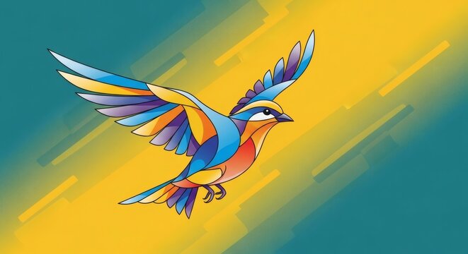 A colorful, stylized bird with geometric patterns flying against a teal and yellow background.
