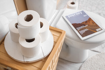 Interior of stylish restroom with toilet bowl, magazine and paper rolls, closeup