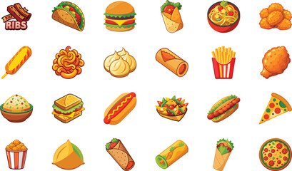Colorful Cartoon Fast Food Icons Collection Featuring Burgers, Pizza, Tacos, Wraps, Fries, Snacks, and Street Food Items on White Background