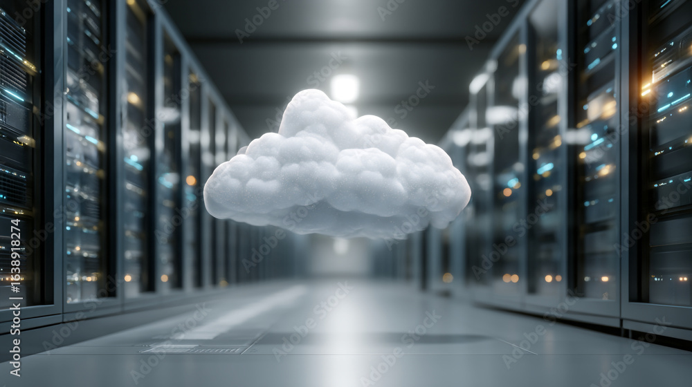Poster a white cloud floating in a server room with rows of server racks on sides