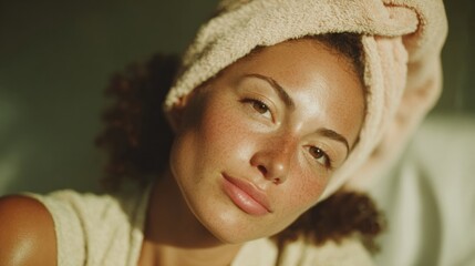 Authentic Millennial Woman with Towel Headwear Relaxing at Home Premium Natural Skincare Lifestyle for Calm Social Media and Wellness Marketing