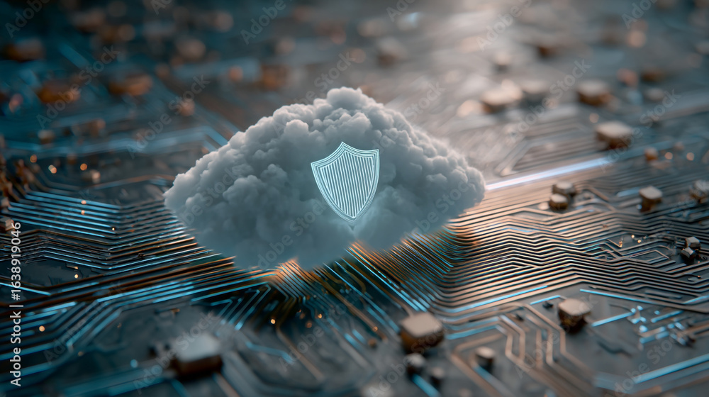 Aufkleber a cloud with a shield on a circuit board representing data protection