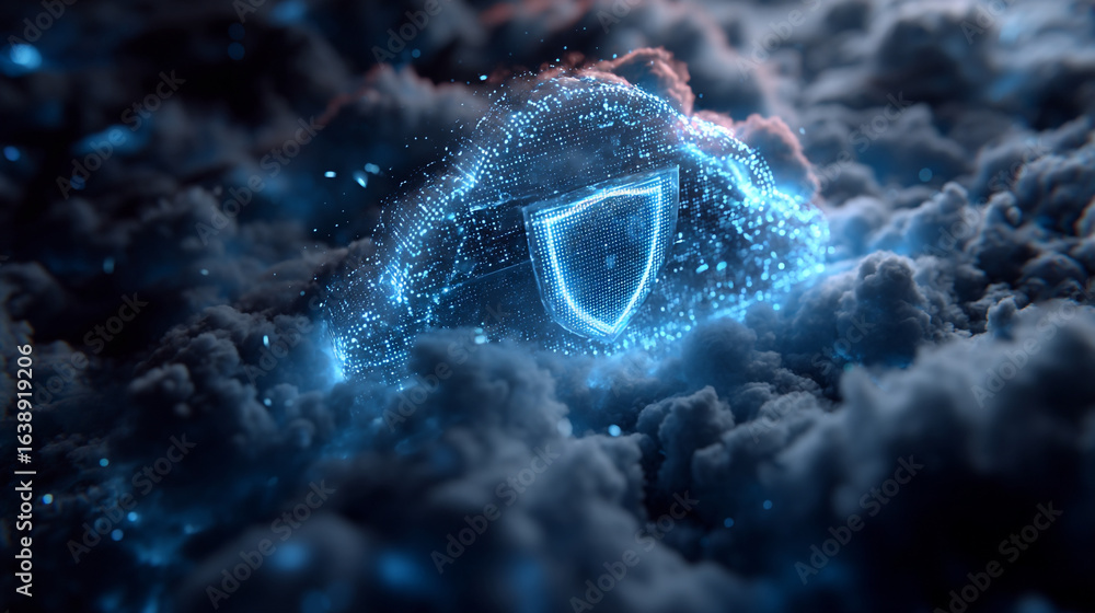 Poster glowing shield and digital cloud floating in the dark cloudy sky view