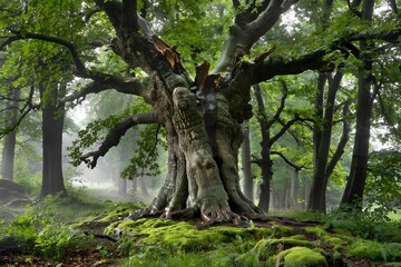 Ancient gnarled oak tree with mossy roots in a misty forest