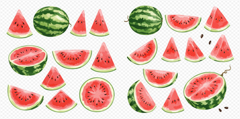 A collection of watercolor illustrations of whole watermelons, halves, and juicy slices.