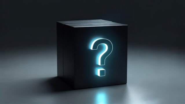 Enigmatic Black Box Illuminated by a Glowing Blue Question Mark