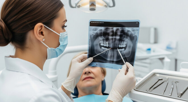 Dentist Explaining Panoramic Dental X-ray to Senior Patient in Clinic