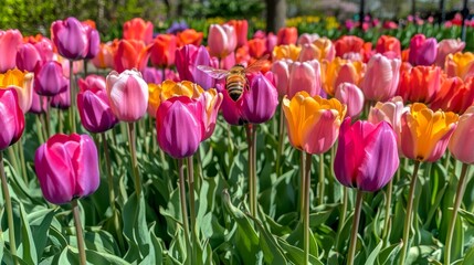 Fototapeta premium Bee Hovering Over Colorful Tulip Flowerbed