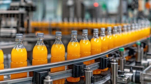 Bottled Orange Liquid on Conveyor Belt