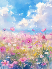 水彩調のコスモスの花の風景イラスト