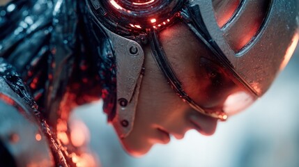 Futuristic Warrior Profile with Glowing Cybernetic Armor Close Up View