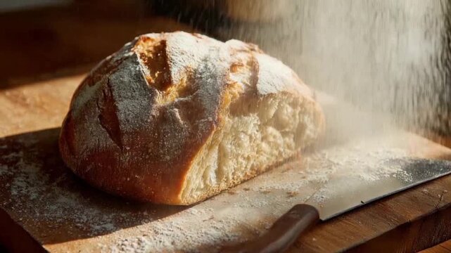 Artisanal Loaf with Flour Dust: A golden-crusted artisan loaf of bread rests on a wooden cutting board as a delicate cloud of flour gently cascades over its surface, accentuating its freshness.