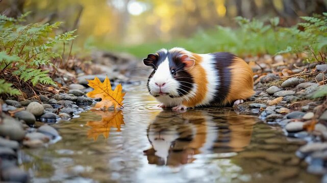 Autumn Adventures of a Guinea Pig,
Cute guinea pig by forest stream with autumn leaf, tricolor cavy exploring rocky creek in fall nature, Cozy Fall Scenes with Pets
