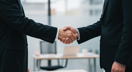Confident handshake between business partners in formal attire during office negotiation