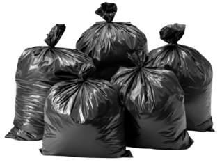 Five black garbage bags stacked together, isolated on white background.