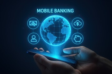 Futuristic mobile banking with holographic globe and digital financial icons above smartphone