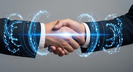 Emotional handshake of business partners surrounded by swirling blue technology light and hope for future