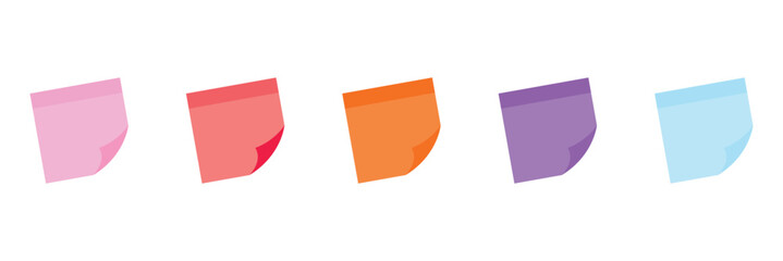 Multicolor post it notes isolated on white background. Colored sticky note set. Vector realistic illustration. Sticky note collection with curled corners and shadows.