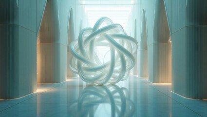 Obraz premium A glowing, interwoven spherical sculpture rests on a reflective floor in a futuristic, minimalist hallway.