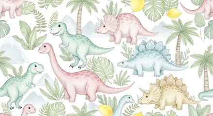 Pastel Dinosaurs Tropical Watercolor Seamless Pattern