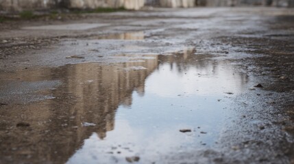 Fototapeta premium Reflections in a Puddle: Glimpses of Buildings and Sky in Calm Water