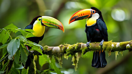 Obraz premium toucan sitting on the branch in the forest green vegetation costa rica nature travel in central.