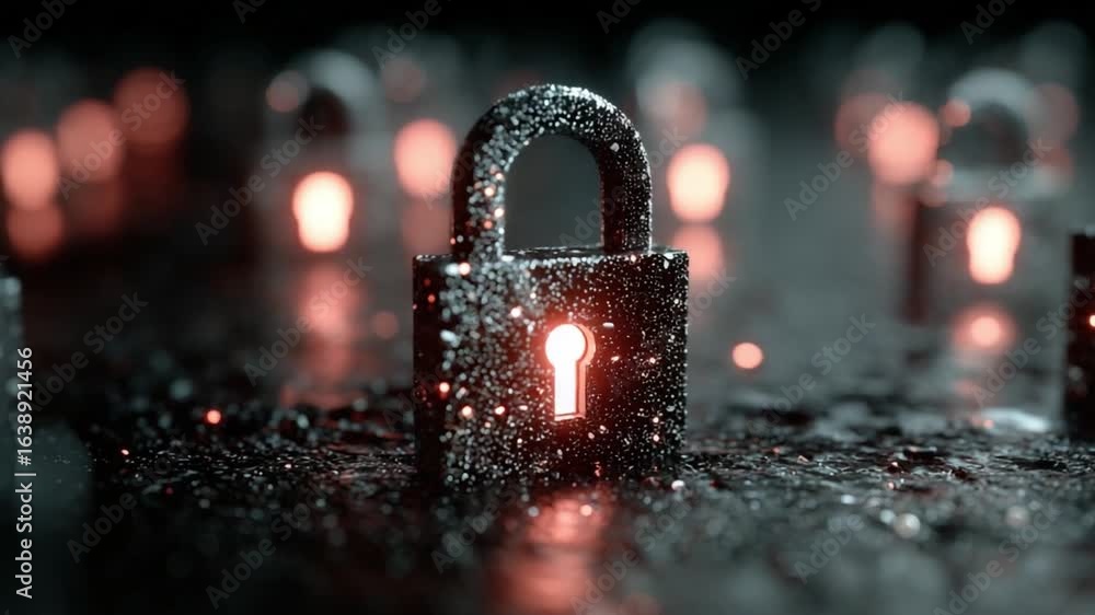 Poster digital security: a single, gleaming padlock stands out in sharp focus, glowing against a blurred ar
