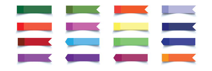 Set of long thin paper stickers. Pointed bookmarks. Stick in notes. Green, purple, blue, red, yellow, orange, green and blue, red colors. Multicolor post it notes. Sheets of paper. Tag, sticky note.