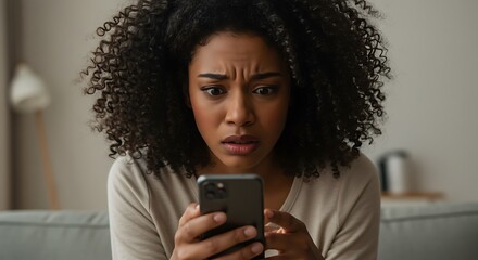 Frightened young woman with curly hair looking at her smartphone with a shocked expression.