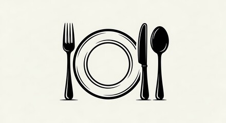 Simple Black and White Illustration of Cutlery and Plate