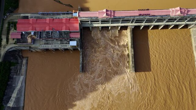 Aerial view of a hydropower plant dam across the Nam Ou River at Luangprabang province, Lao pdr