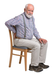 Elderly man with low back pain,Elderly man sitting on a chair, holding his back, isolated background