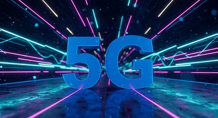 Futuristic 5G Technology Concept with Neon Lights and Data Streams