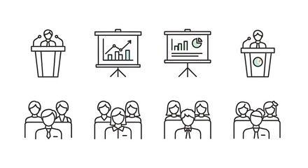 Simple Line Art Icons of Presentations and Audiences