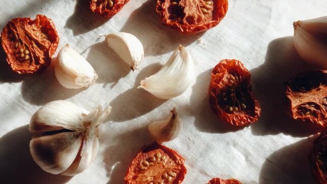 Sun-Dried Tomatoes and Garlic: Capturing the textures and colors of rustic Italian culinary ingredients. These sun-kissed tomatoes and freshly peeled garlic cloves create a feast for the eyes