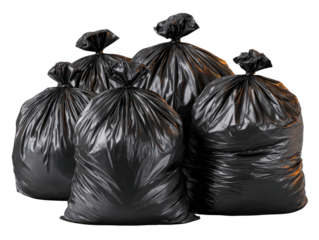 Four black garbage bags, isolated on white background, representing waste disposal.