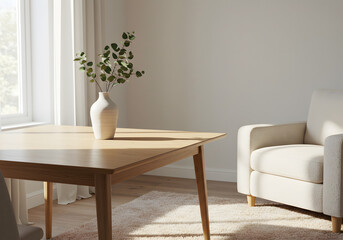 Bright Interior Design Table, Chair, Window, Vase with Greenery, Sunlight, Modern Home Decor