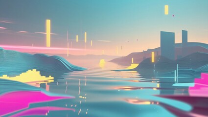Surreal digital landscape with a reflective river and glowing geometric structures under a pastel sky.