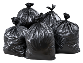 Five black garbage bags piled together, isolated on a white background.
