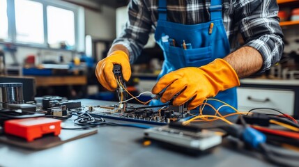 Technician Repairing Circuit Board with Gloves and Tools