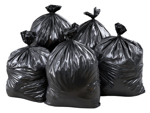 Five black garbage bags piled together, isolated on a white background.