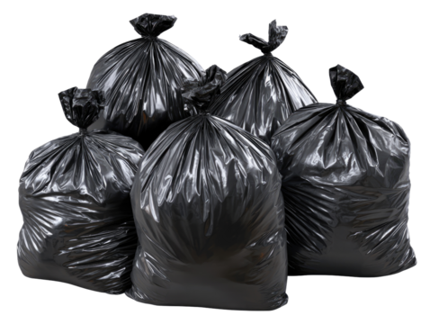 Five black garbage bags piled together, isolated on a white background.